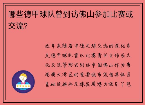 哪些德甲球队曾到访佛山参加比赛或交流？
