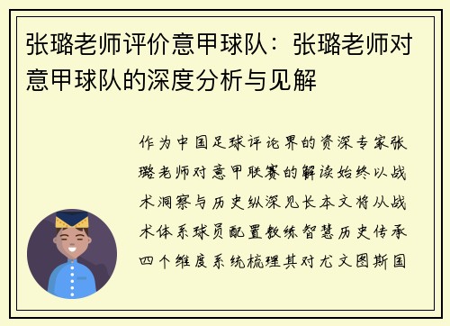 张璐老师评价意甲球队：张璐老师对意甲球队的深度分析与见解